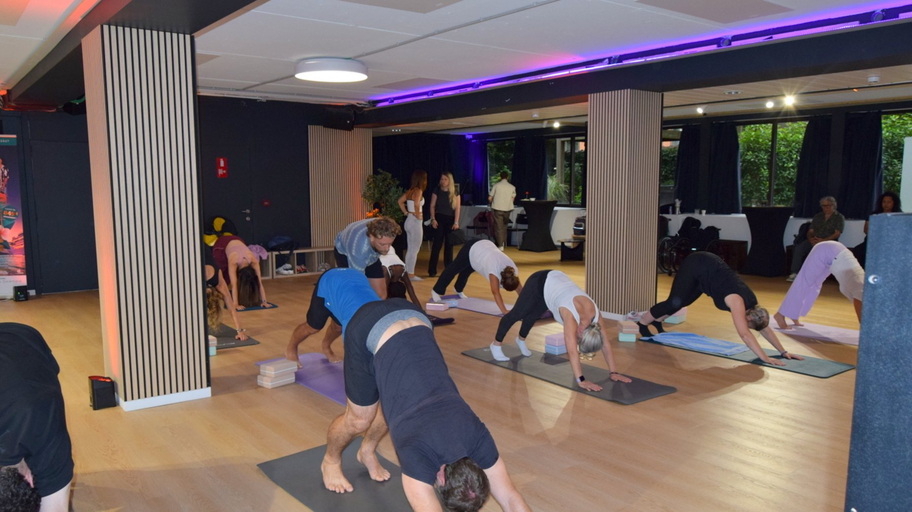 A yoga class at Studio 28: a dozen people in a pose on their mats, daylight through the glass doors